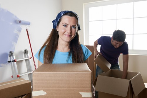 Commercial furniture and equipment being prepared for an office move